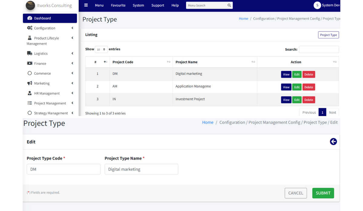 ITWORKS ERP Help: Configuration-Project Type