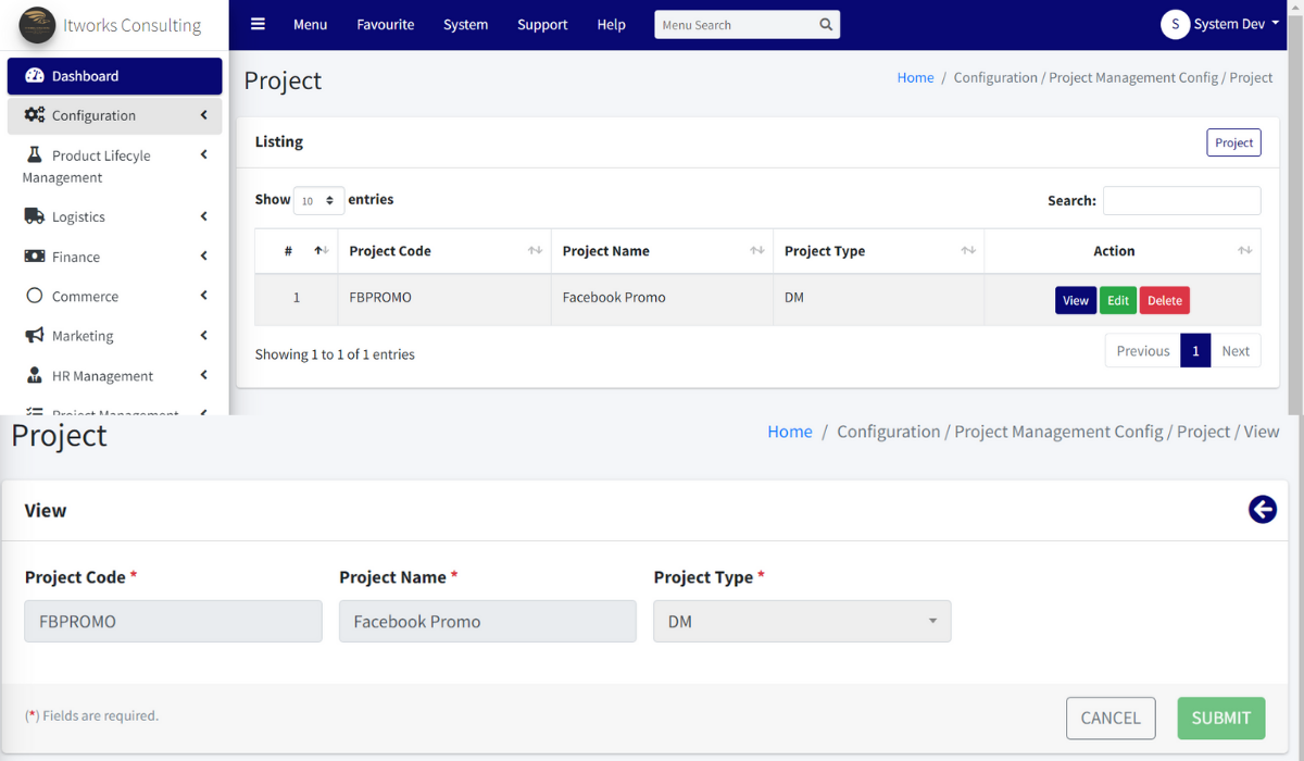 ITWORKS ERP Help: Configuration-Project